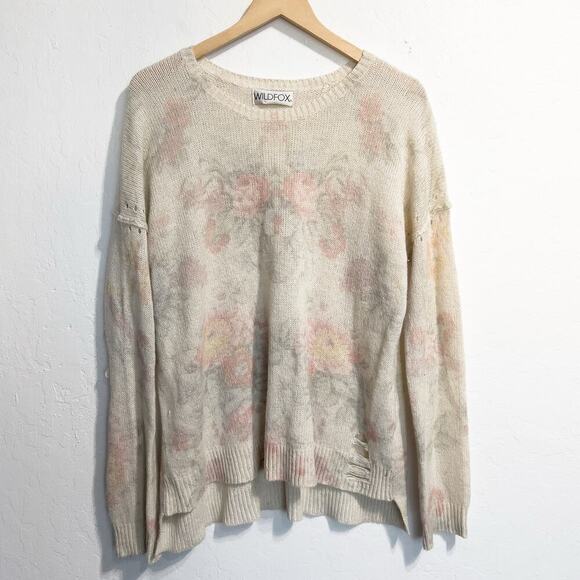 Wildfox Sweater Small Floral Flowers Ivory Pastel Distressed Lightweight Knit - Picture 1 of 8
